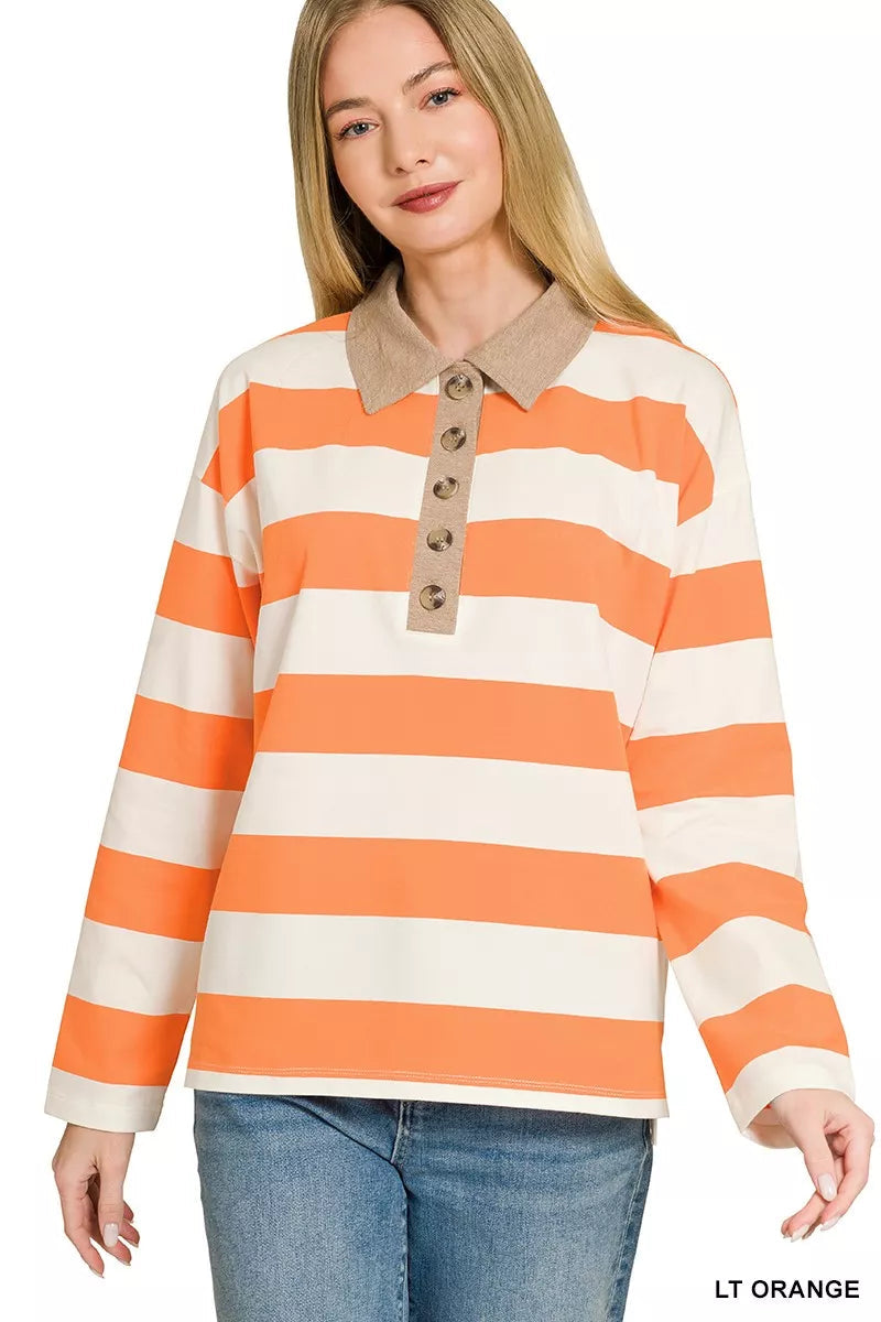Zenana Striped Contrast Collar Polo Top 