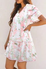 Floral Contrast Edge Layered Short Sleeve Mini Dress 