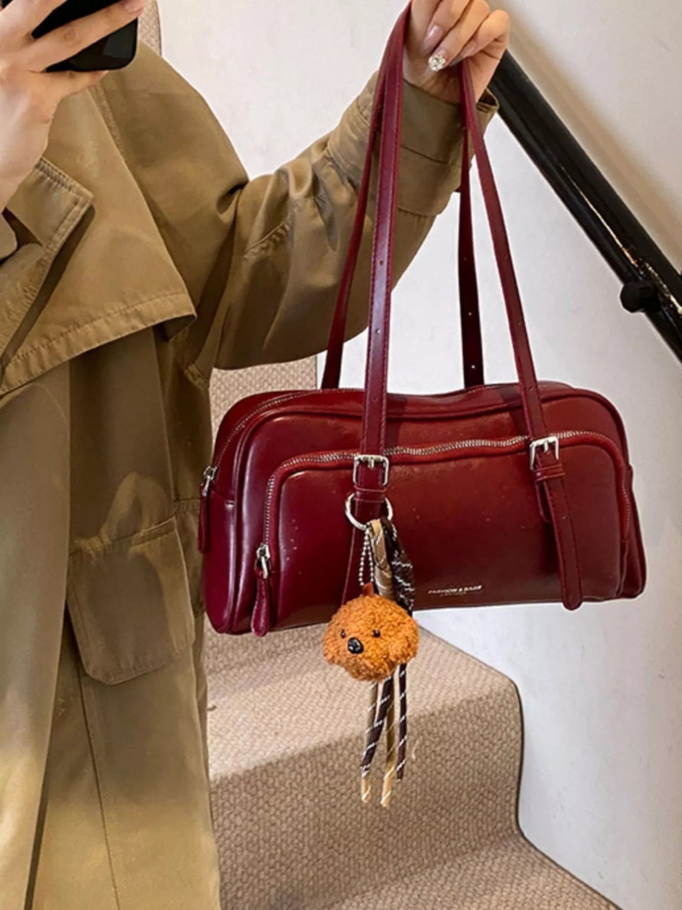 Vintage Style Leather Shoulder Bag with Charm 