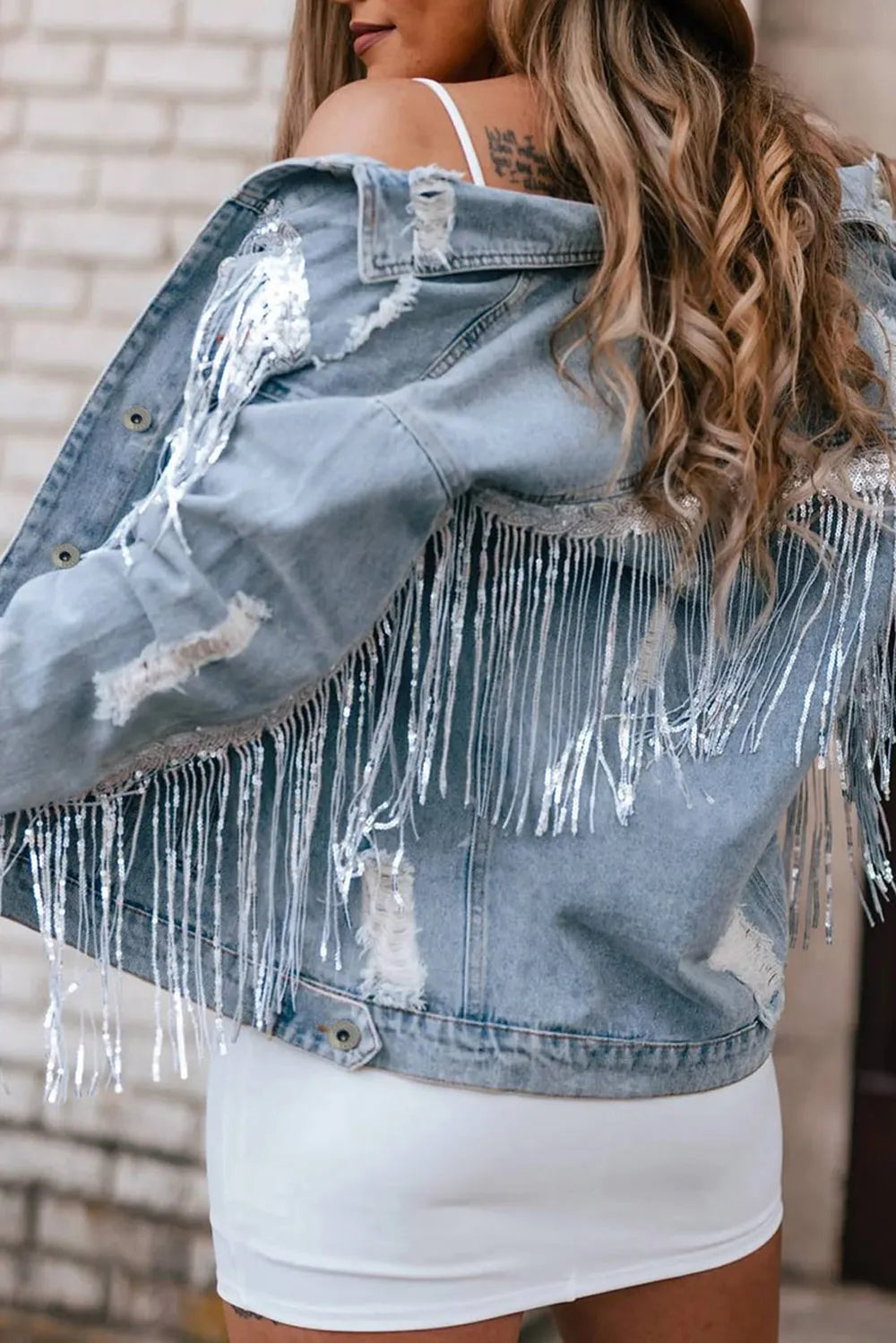 Sequin Fringe Trim Distressed Button Up Denim Jacket 