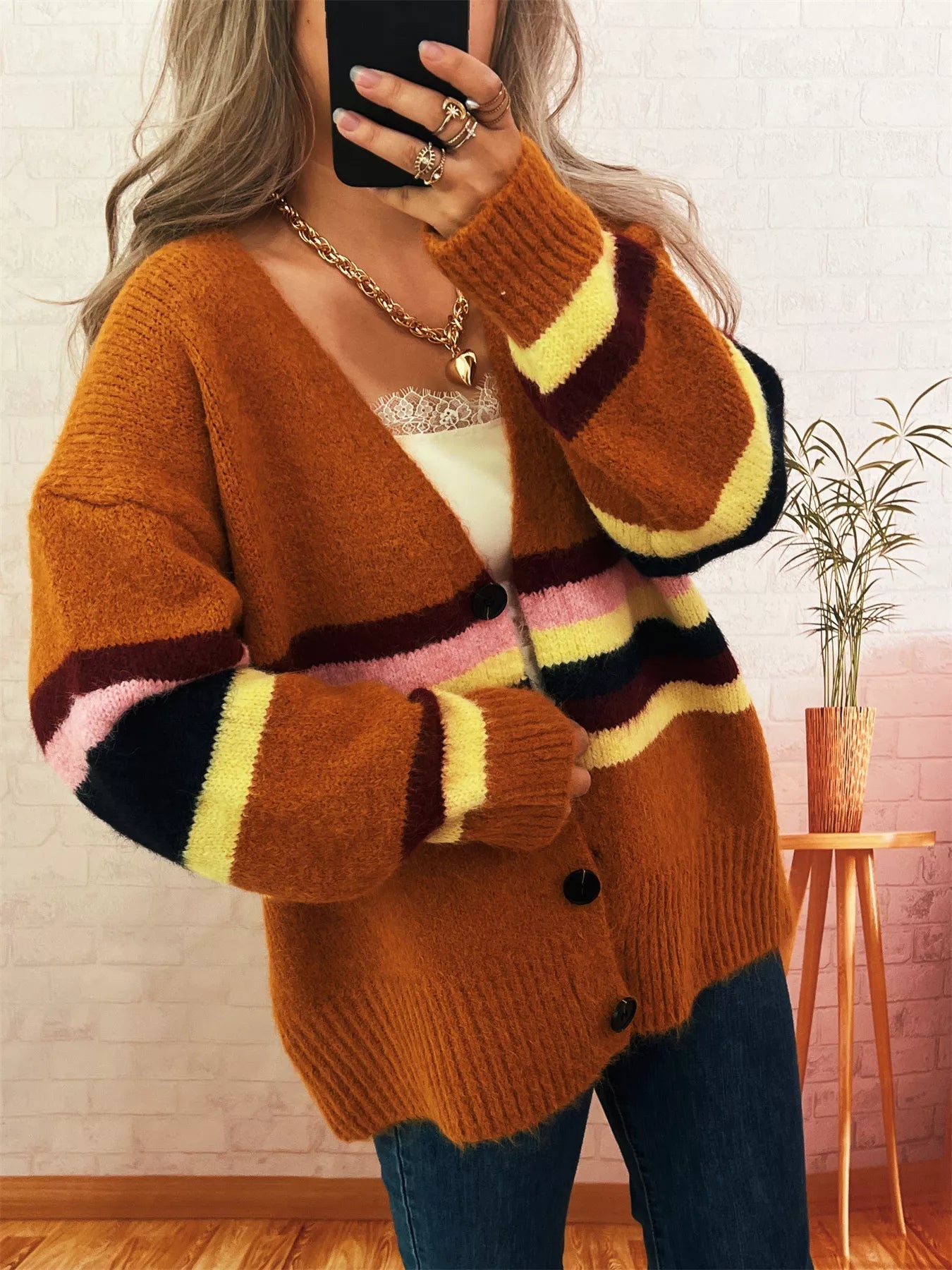 Ribbed Striped Button Down Cardigan 