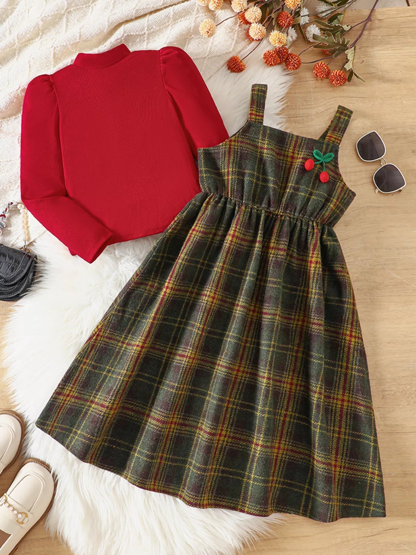 Children's Long Sleeve Top and Plaid Dress Set 
