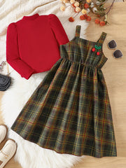 Children's Long Sleeve Top and Plaid Dress Set 