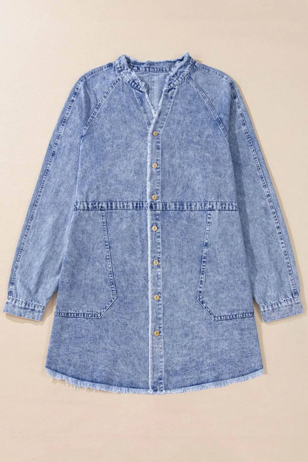 Raw Hem Button Down Long Sleeve Denim Dress 