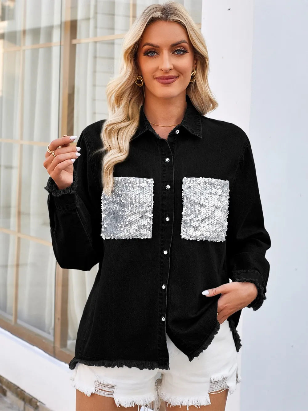 Raw Hem Button Up Long Sleeve Denim Jacket with Sequin Pockets 