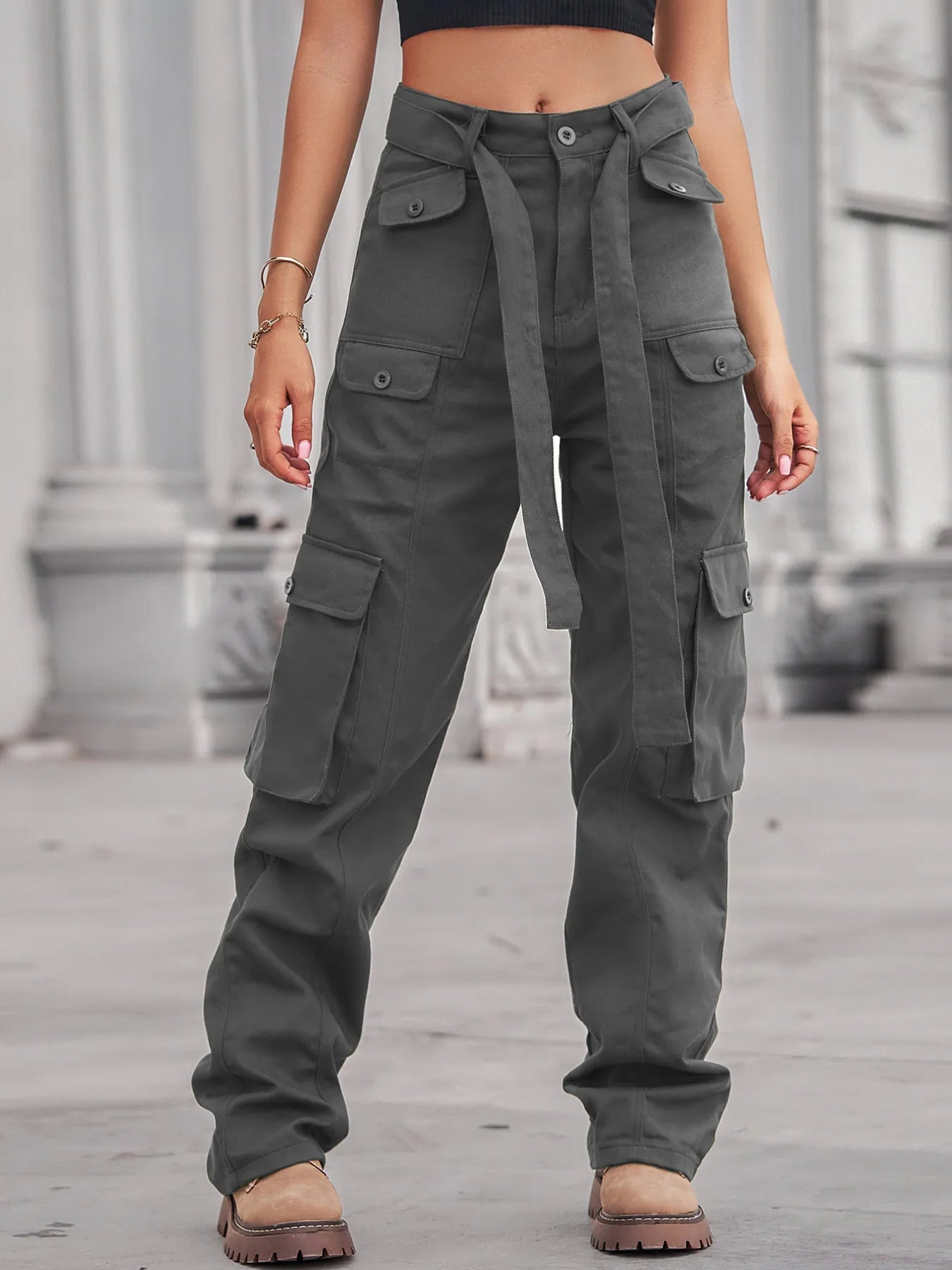 High-Waisted Multi-Pocket Cargo Jeans 