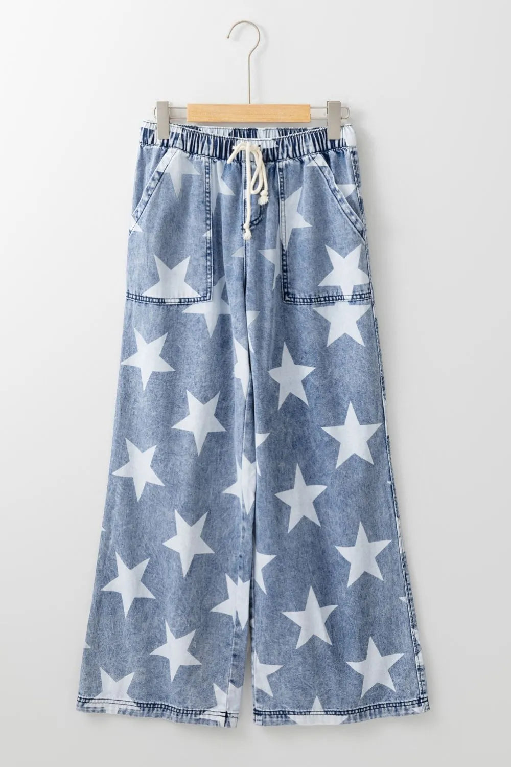 Star Print Washed Drawstring High Waist Wide Leg Jeans 