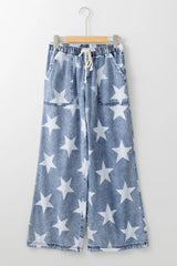 Star Print Washed Drawstring High Waist Wide Leg Jeans 