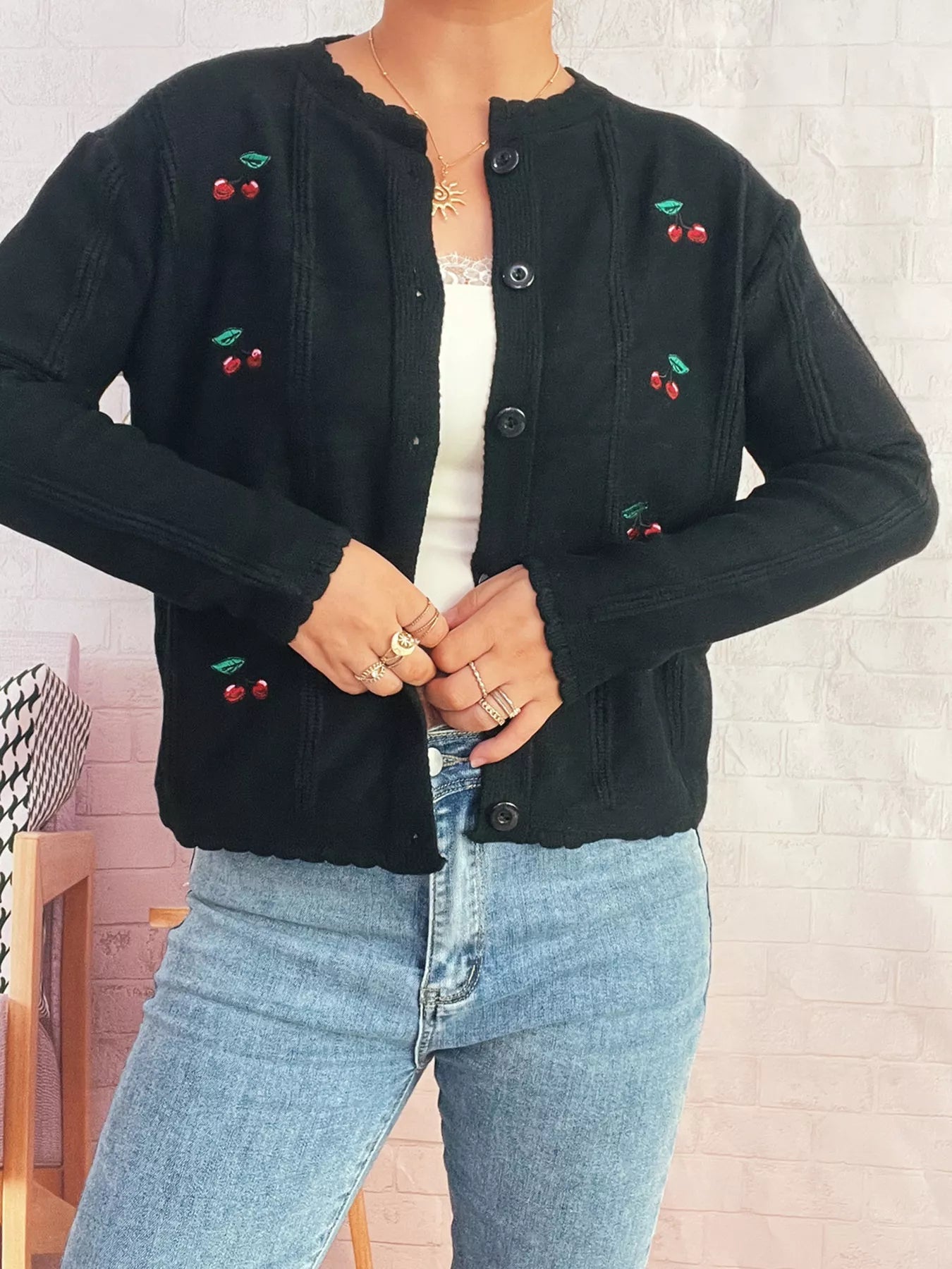 Cherry Embroidered Button Up Cardigan 