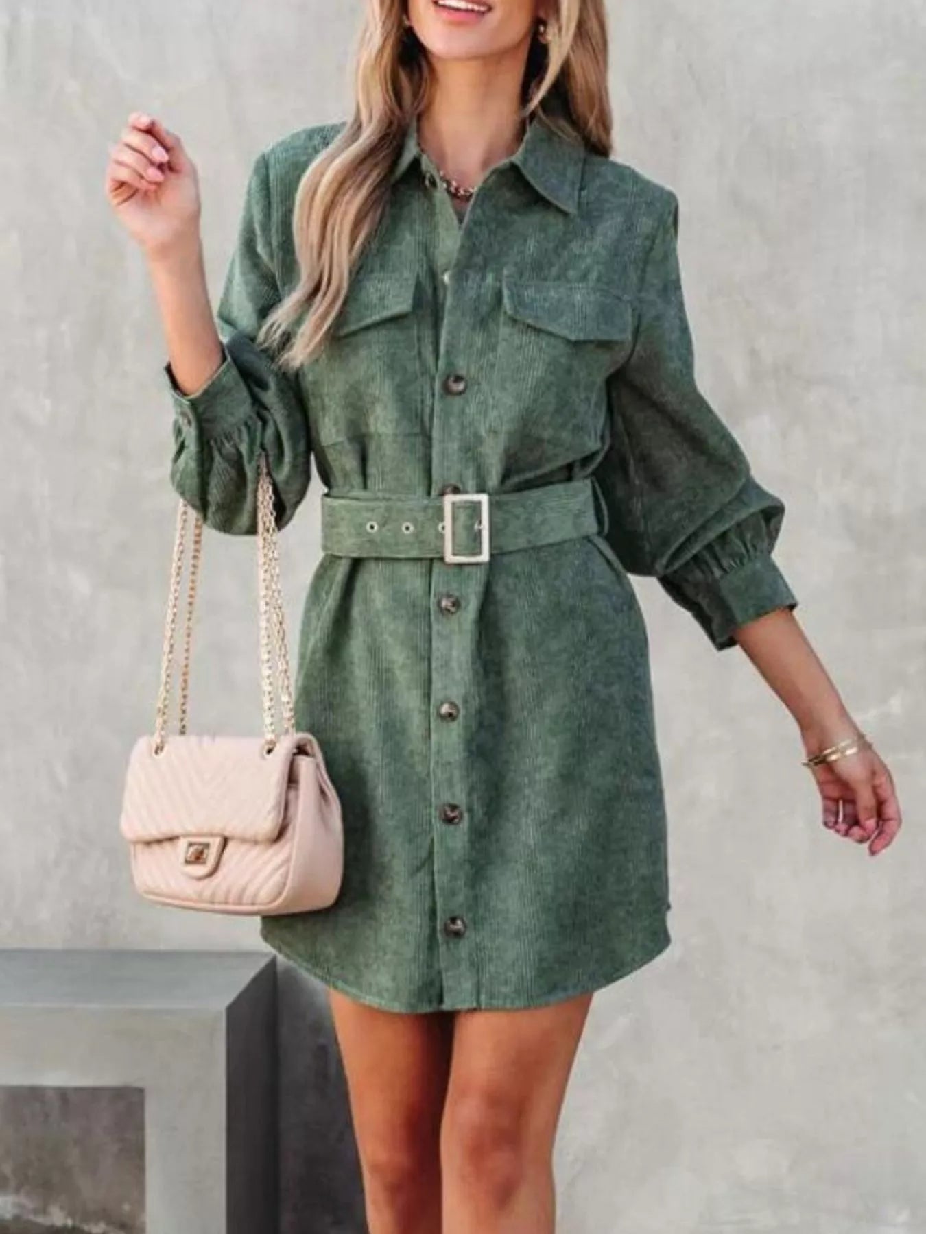 Button Front Belt Long Sleeve Corduroy Dress 