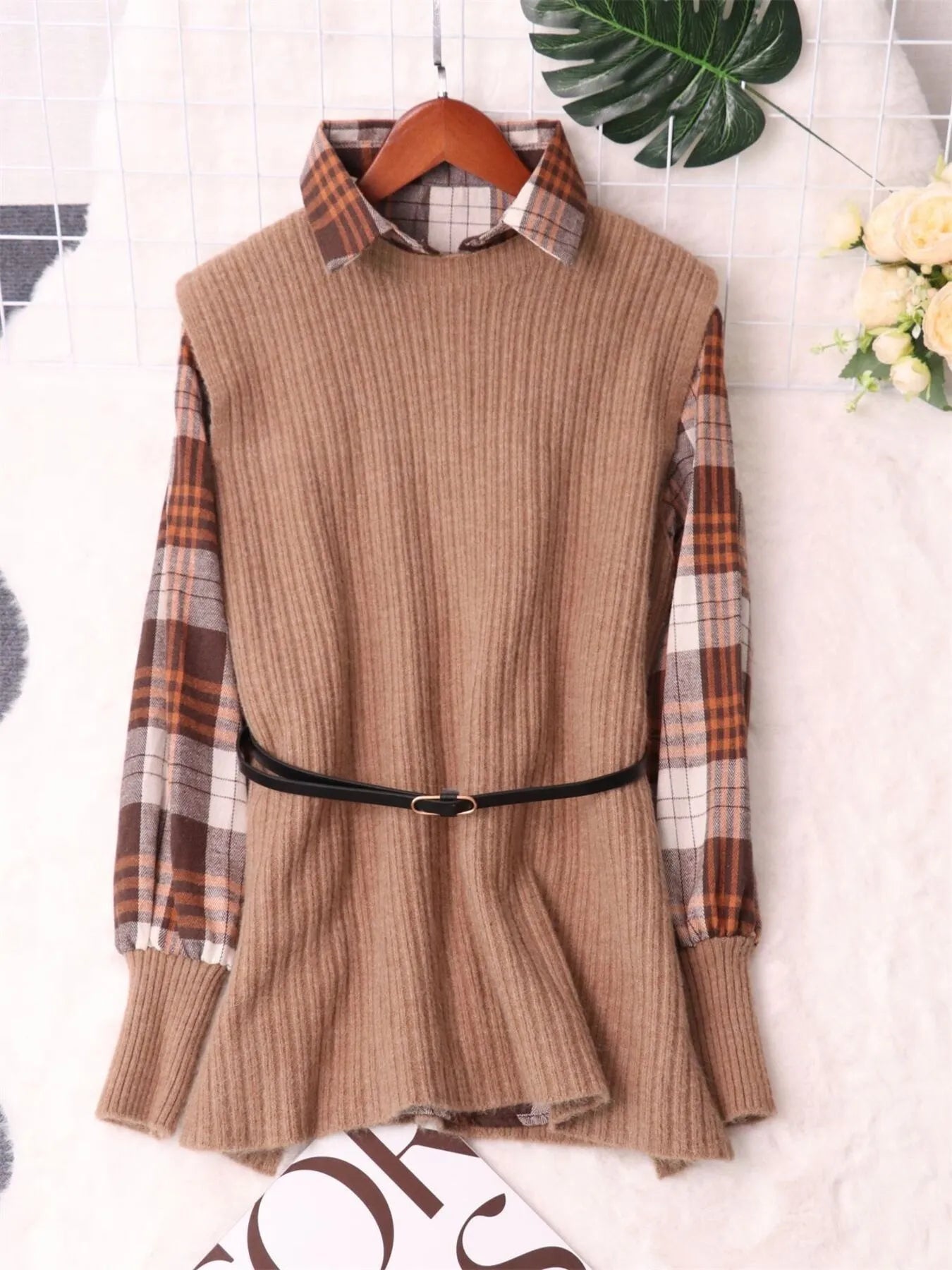 Plaid Long Sleeve Sweater Dress 