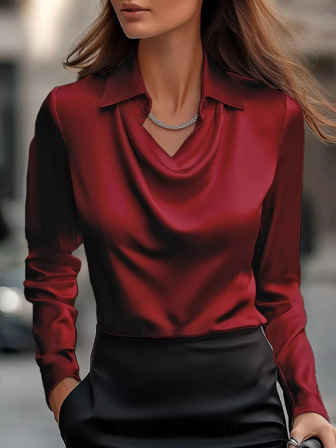 Ruched Long Sleeve Drape Collar Blouse 