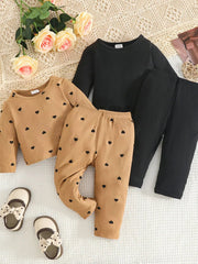 Children's Heart Print Ribbed Top and Pants Set 