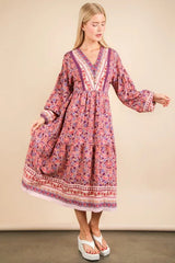 VERY J Floral Printed Boho V-Neck Balloon Sleeve Dress 