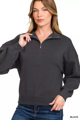 Zenana Fleece High Neck Half Zip Sweatshirt 