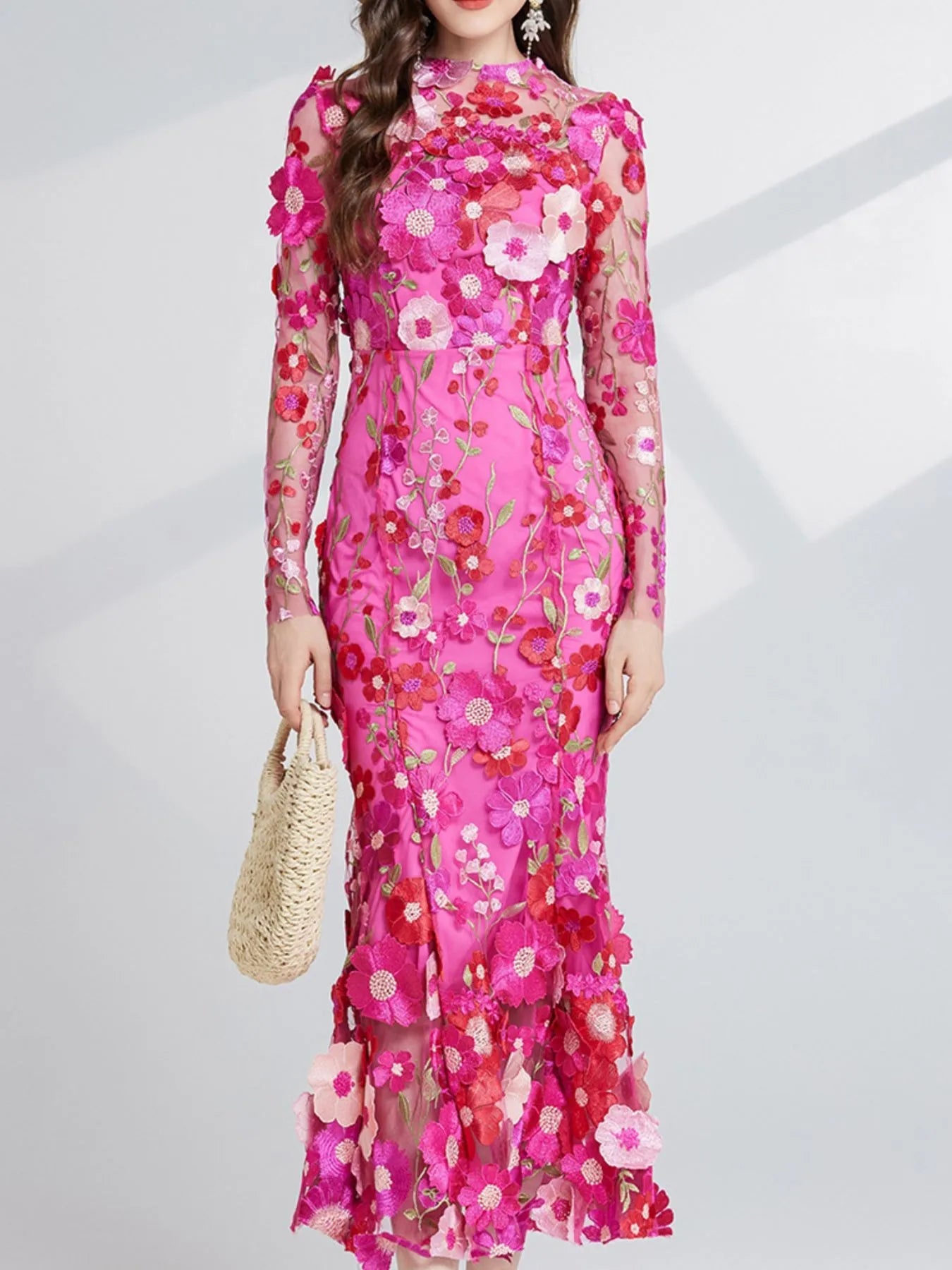 Floral Embroidered Mesh Long Sleeve Midi Dress 