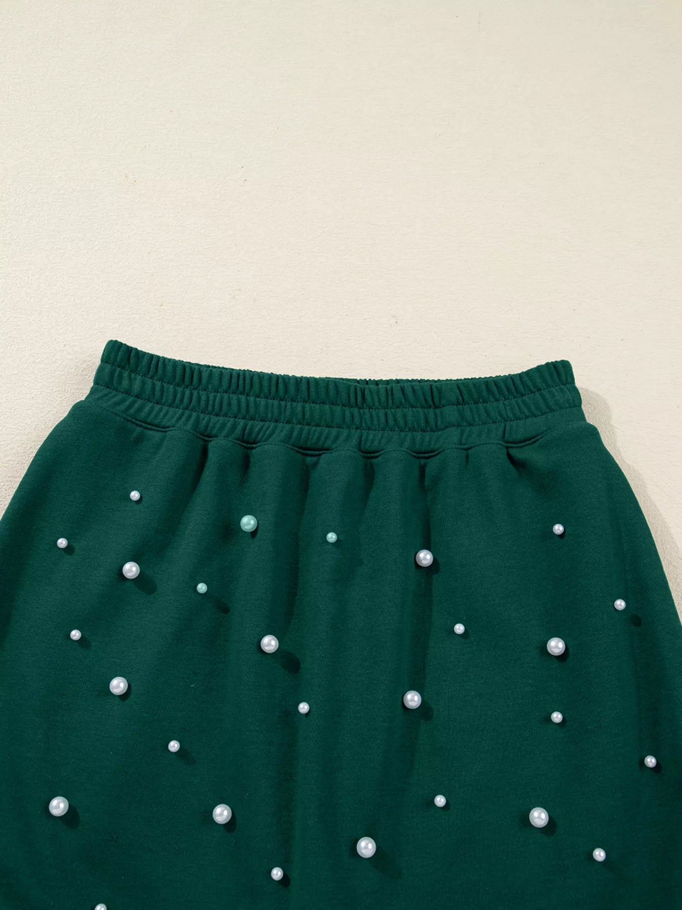 Pearl Embellished Drop Shoulder Pullover Elastic Waist Mini Skirt Set 