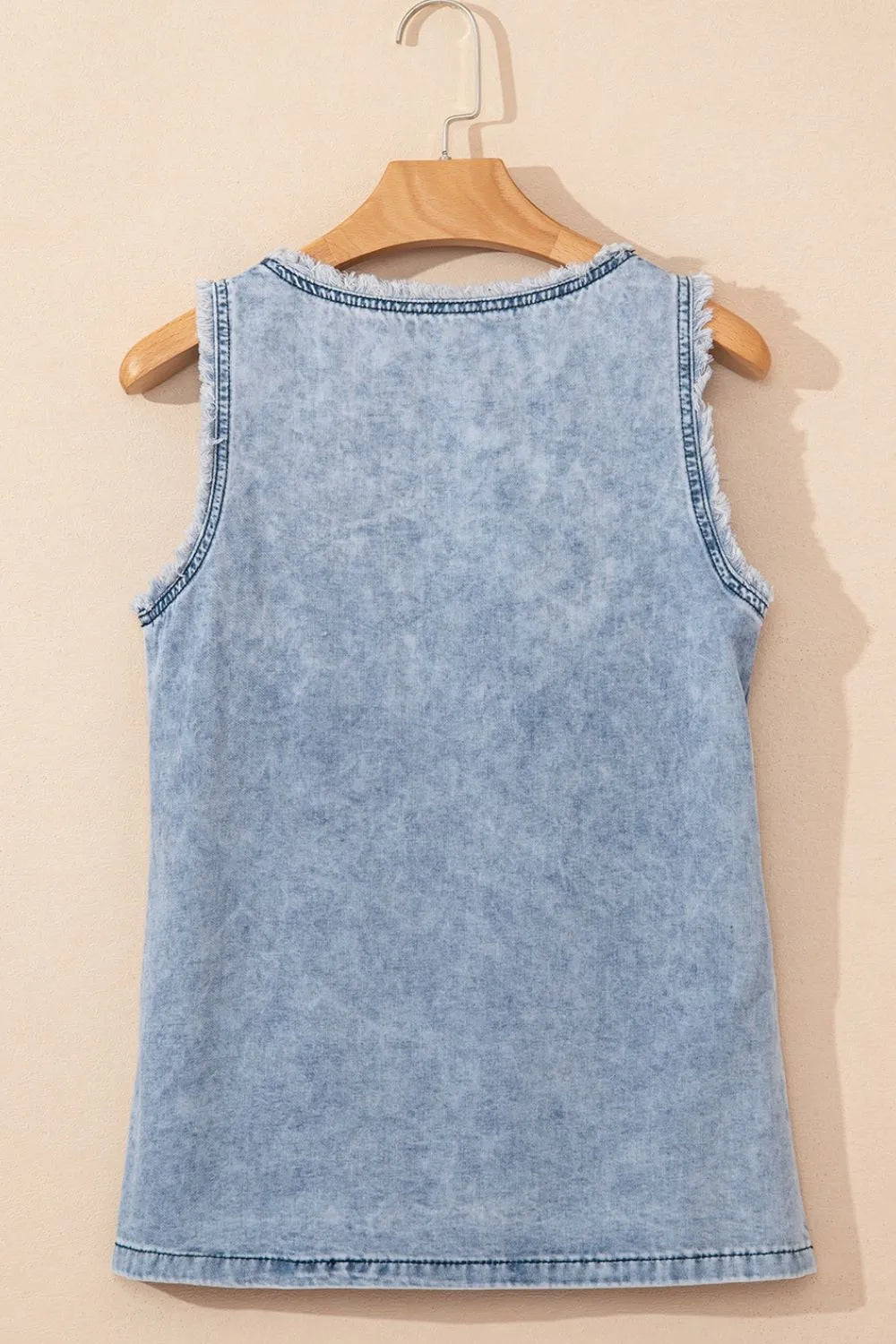 Mineral Wash Denim Frayed U Neck Sleeveless Top 