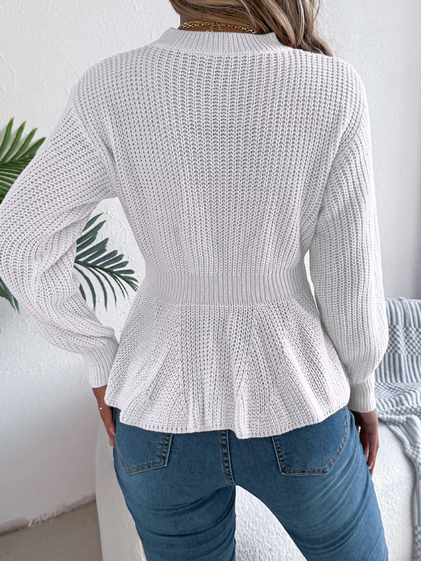 Cable Knit Round Neck Peplum Sweater 