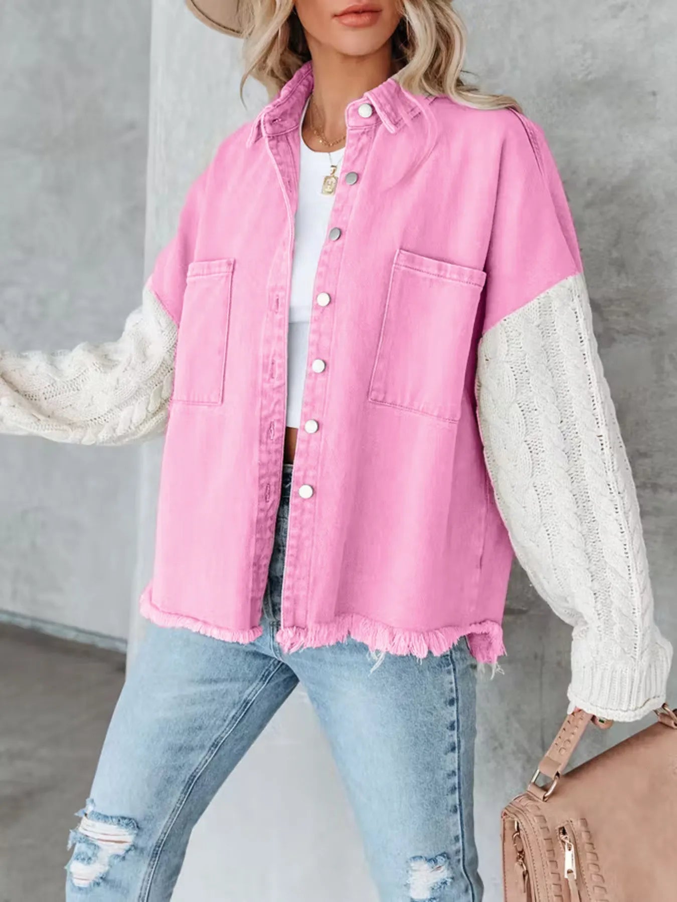 Full Size Raw Hem Button Up Patchwork Denim Jacket Plus Size 