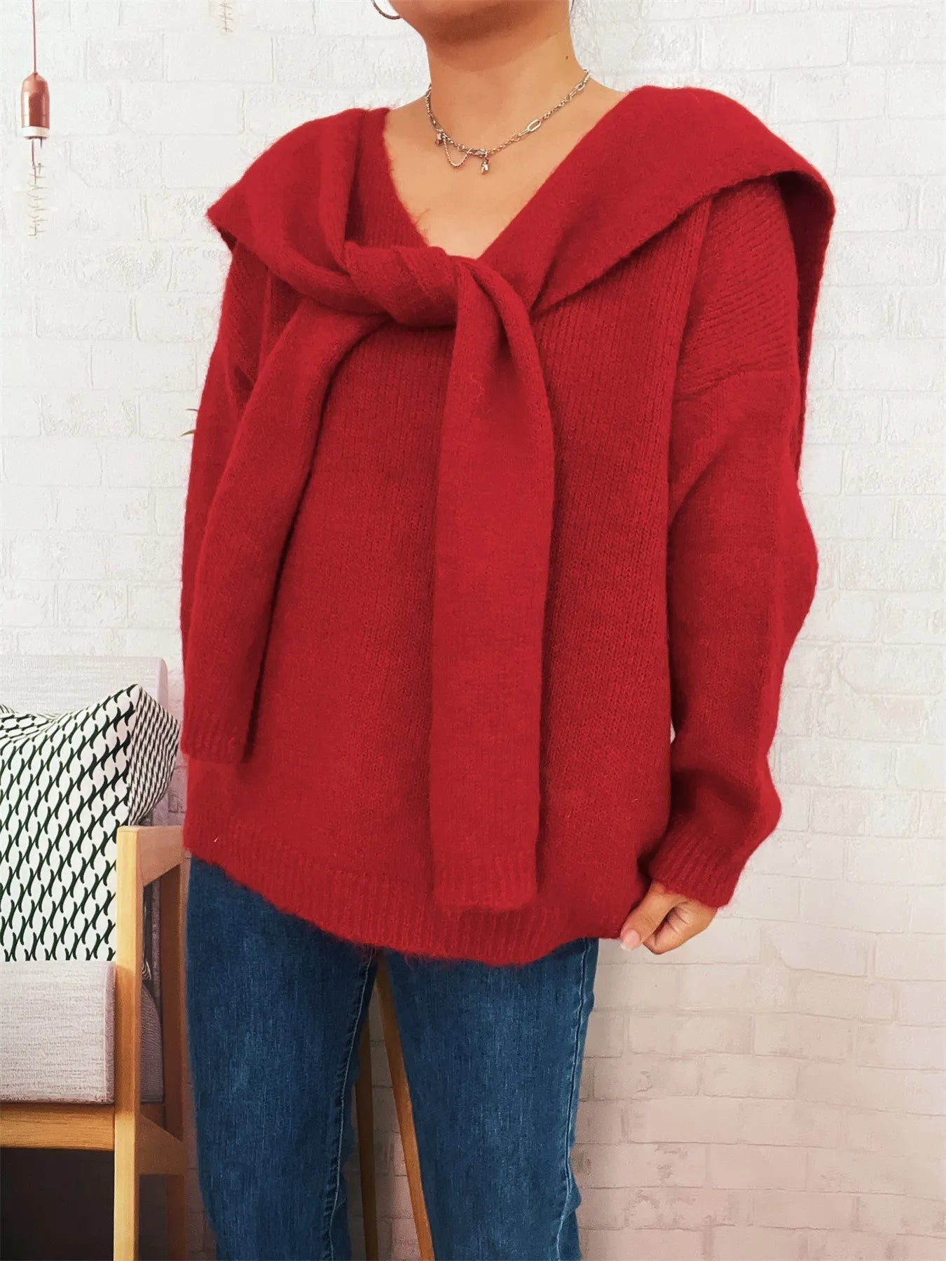 Ribbed Hem V-Neck Sweater with Shawl 