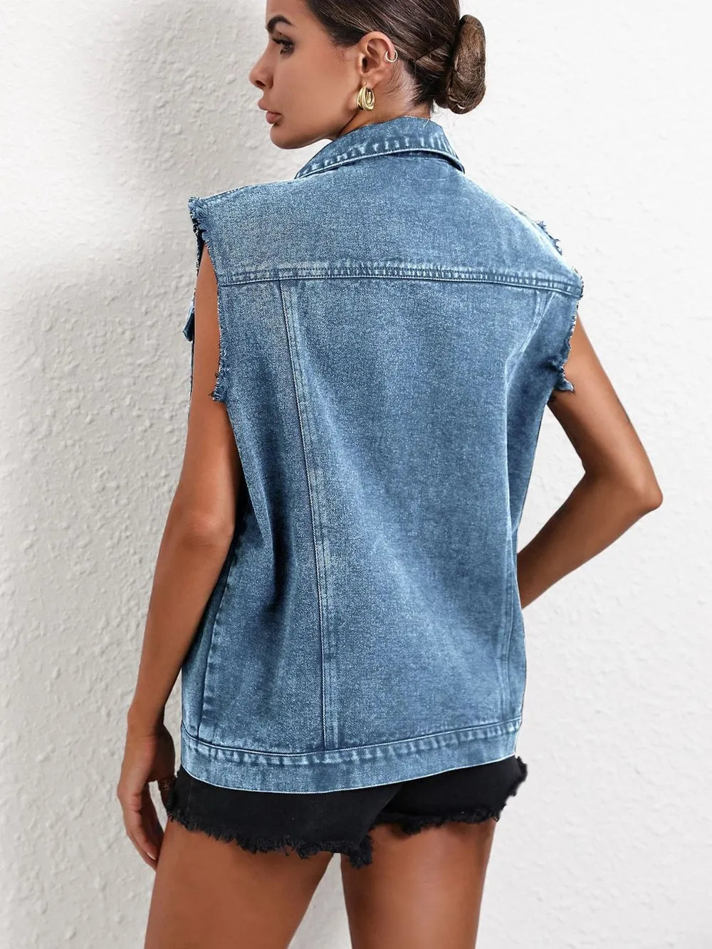Pocketed Collared Neck Sleeveless Denim Top 