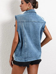 Pocketed Collared Neck Sleeveless Denim Top 