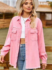 Button Up Collared Neck Raw Hem Denim Top 