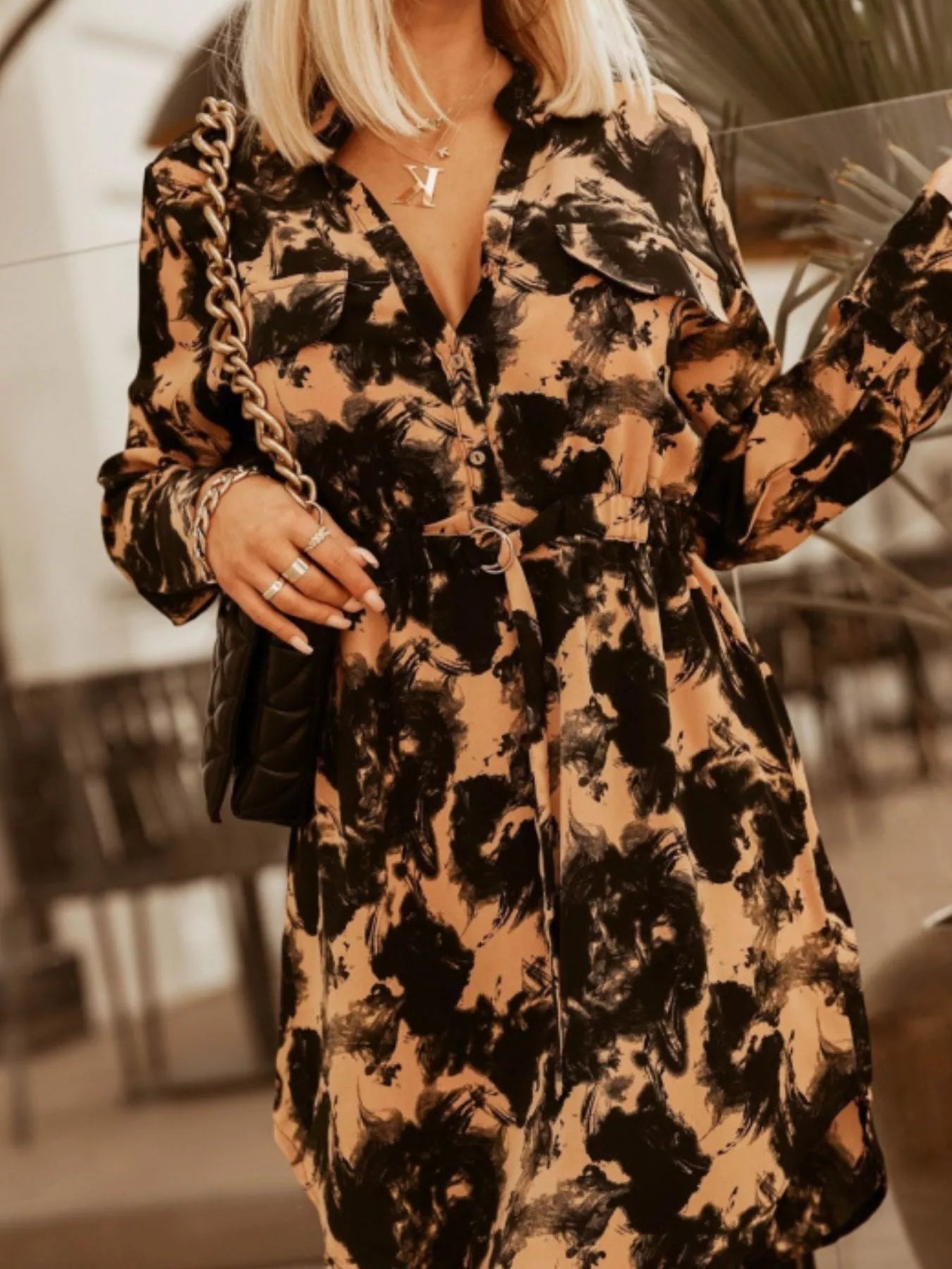 Printed Button Front Long Sleeve Dress 