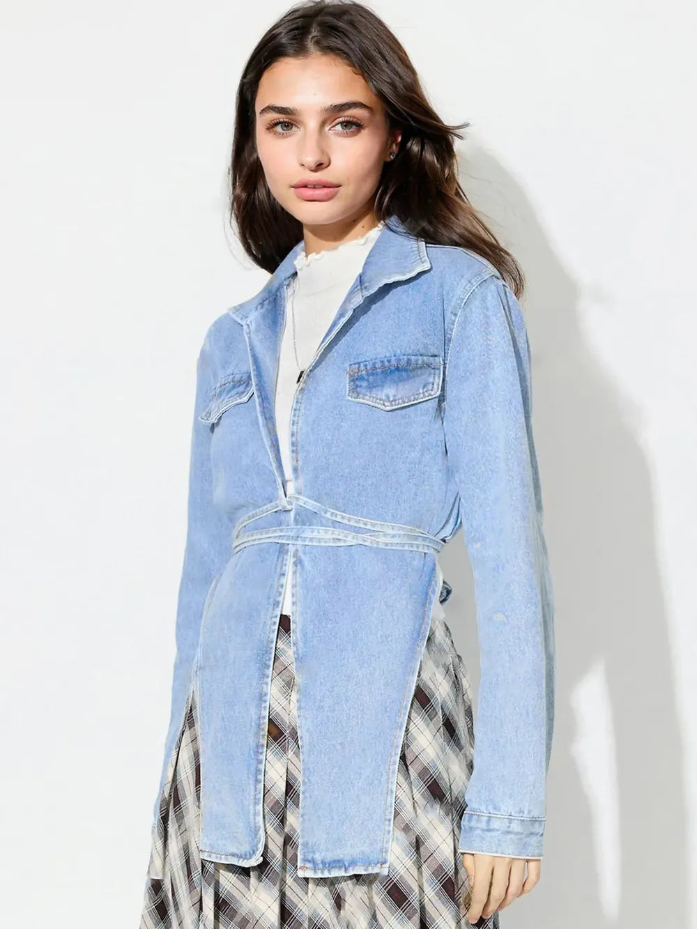 Asymmetric Slit Collared Neck Long Denim Top 