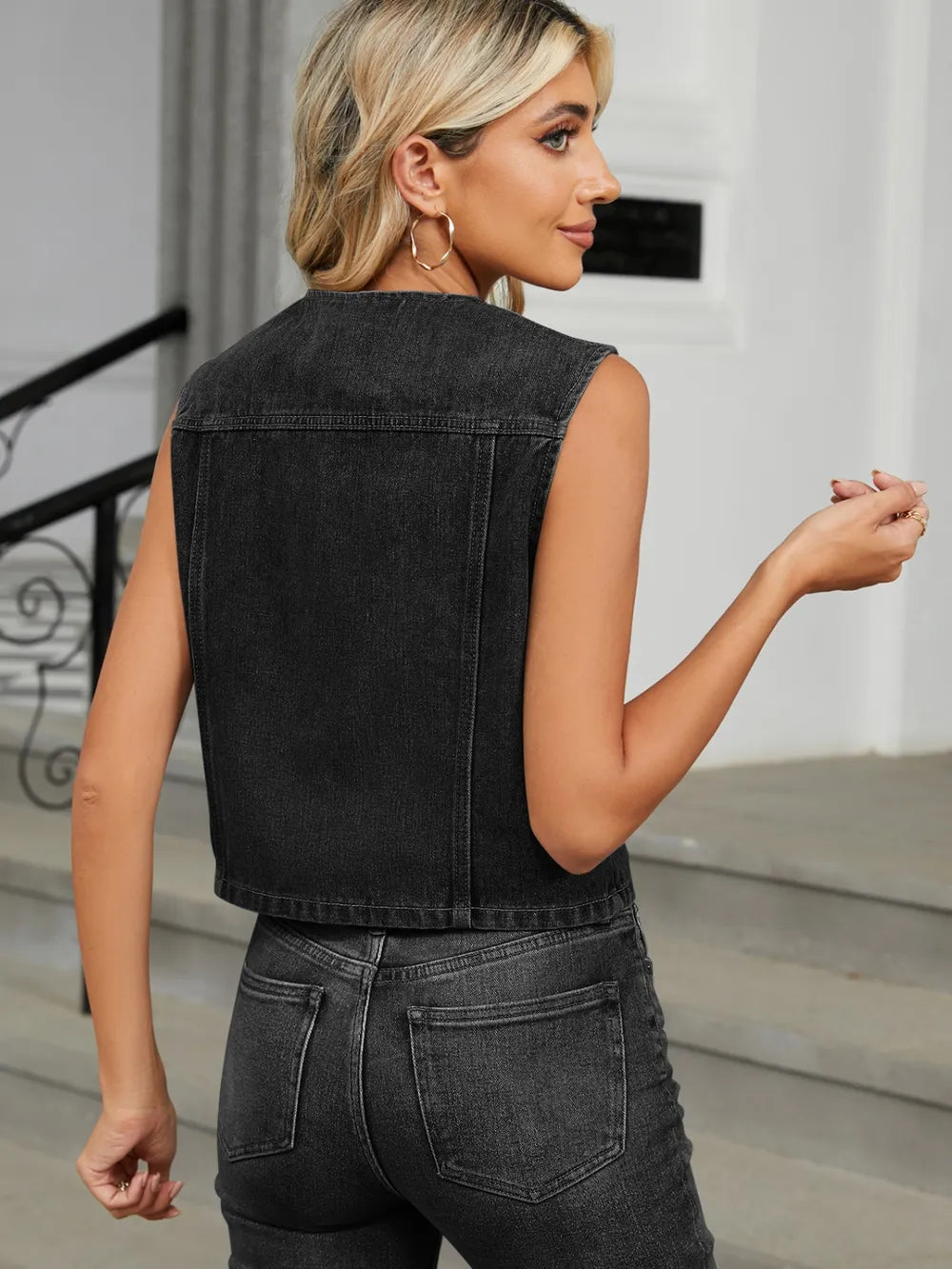 V-Neck Button Down Denim Vest 