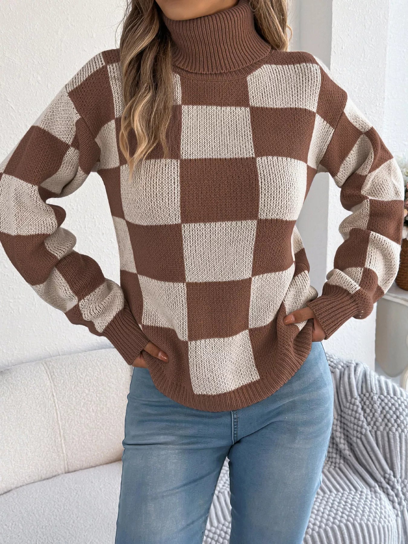 Checkered Turtleneck Long Sleeve Sweater 