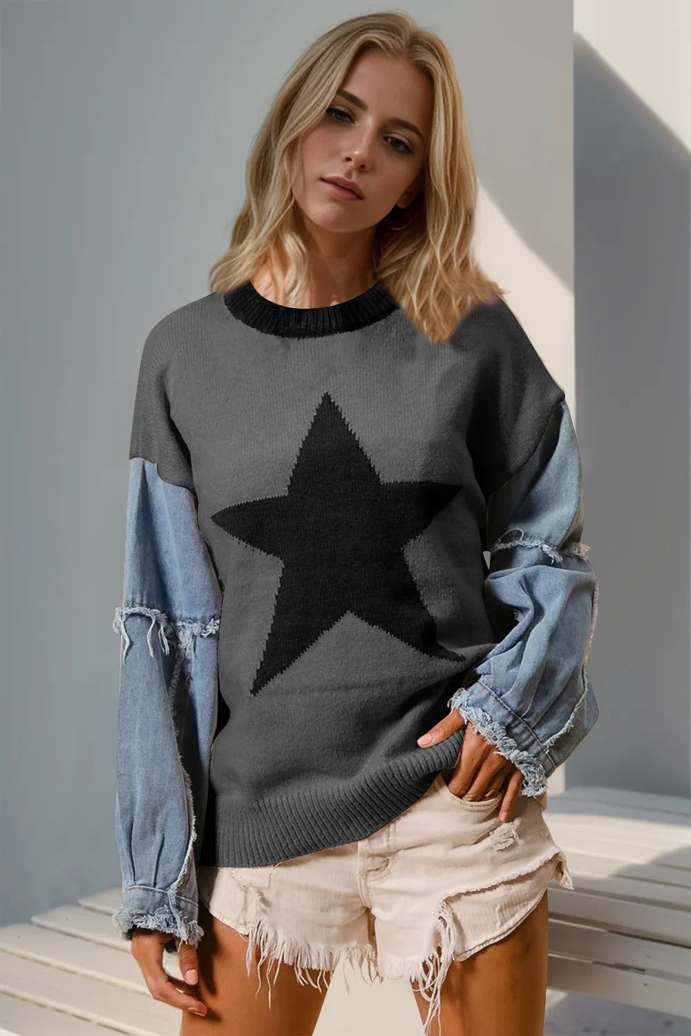 Double Take Full Size Star Pattern Raw Edge Long Sleeve Sweater 