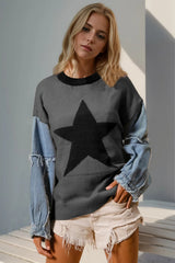 Double Take Full Size Star Pattern Raw Edge Long Sleeve Sweater 