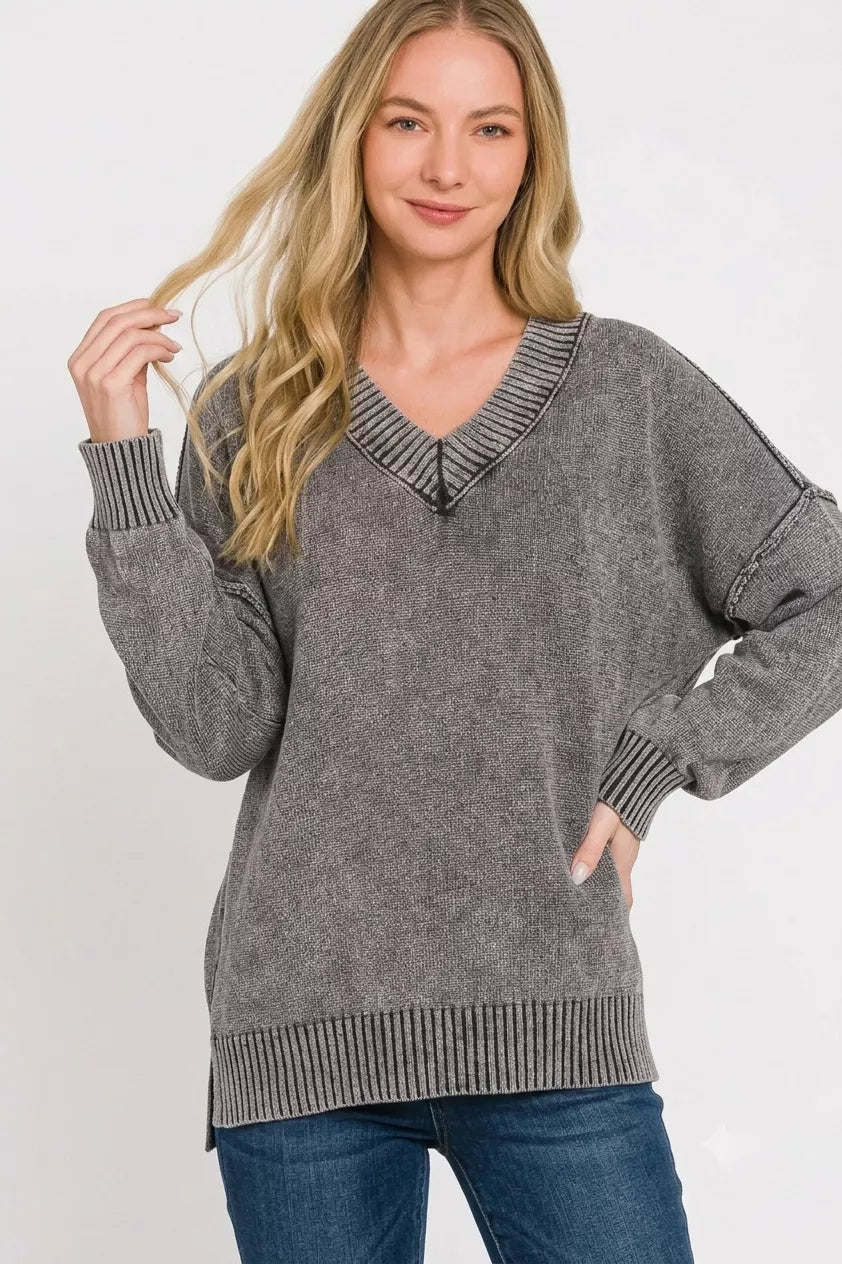 Zenana Washed Deep V-neck Oversized Sweater 