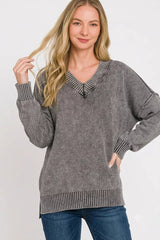 Zenana Washed Deep V-neck Oversized Sweater 