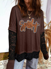Rhinestone Spooky Graphic Lace Patchwork Long Sleeve T Shirt 
