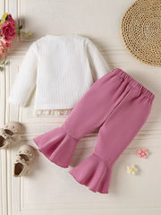 Children's Floral Applique Ribbed Top & Flare Leg Pants Set 