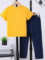 Children's Round Neck Letter Graphic T-Shirt and Distressed Jeans Set 