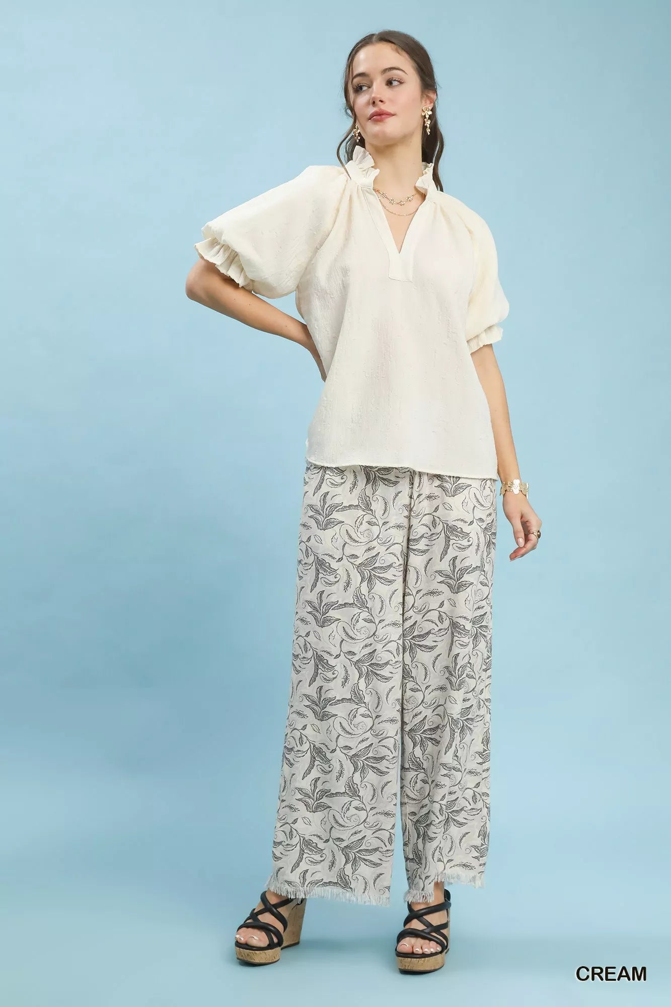 Umgee Textured Puff Sleeve Split Neck Top 