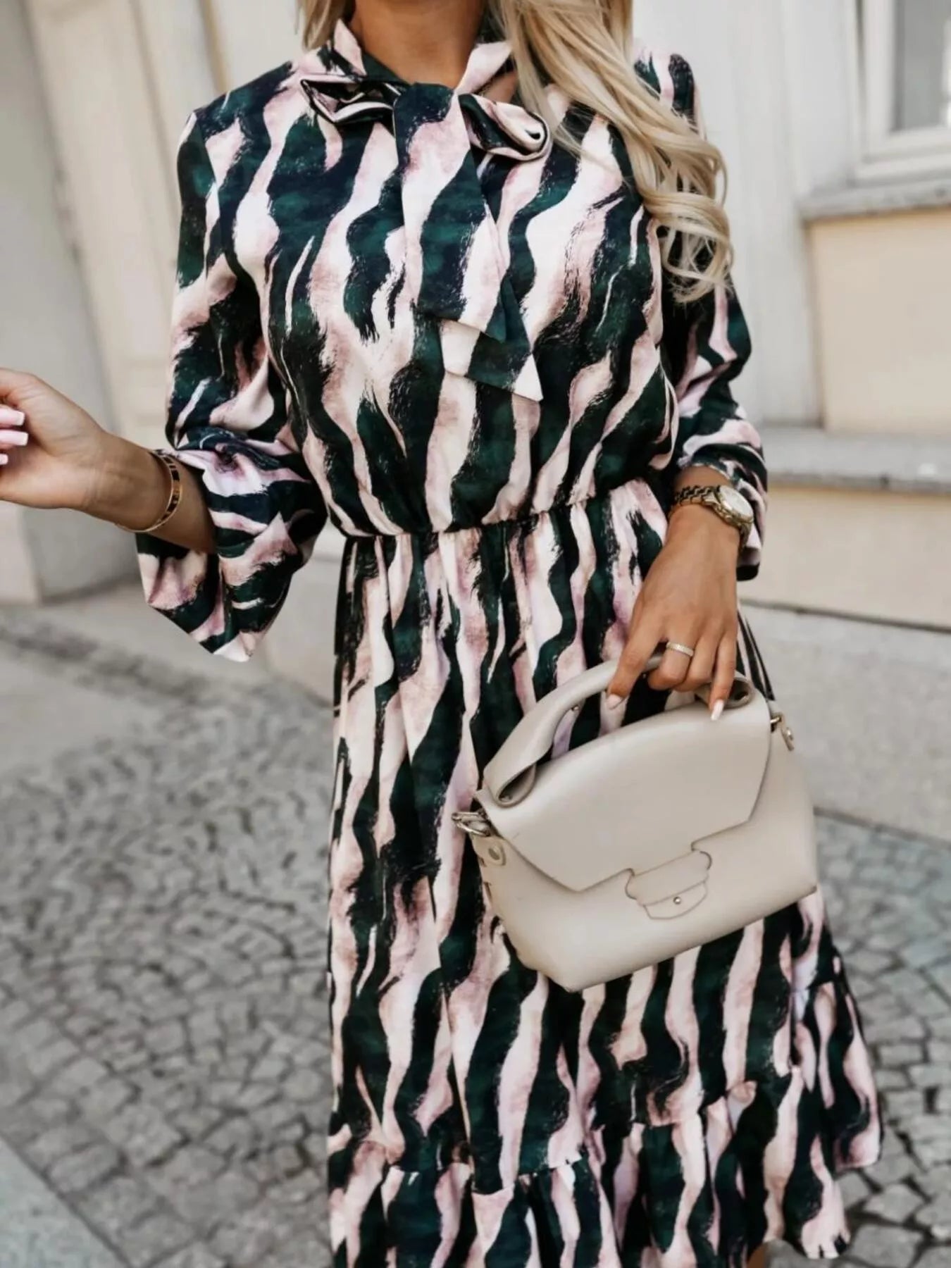Ruffled Hem Striped Long Sleeve Dress 