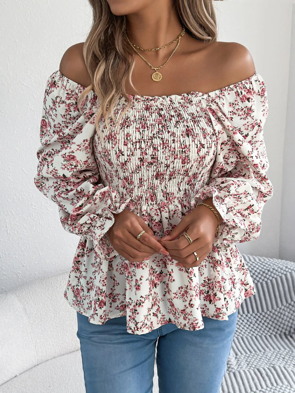 Floral Square Neck Flounce Sleeve Blouse 