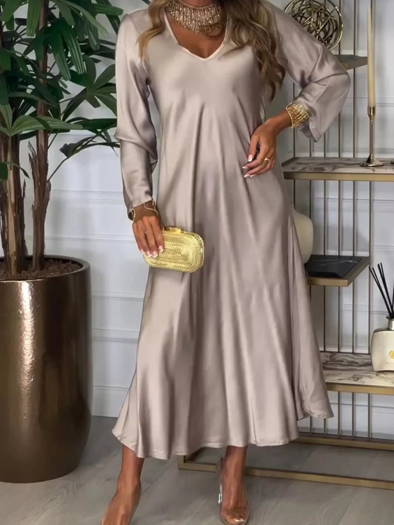 Full Size V-Neck Long Sleeve Midi Dress Plus Size 