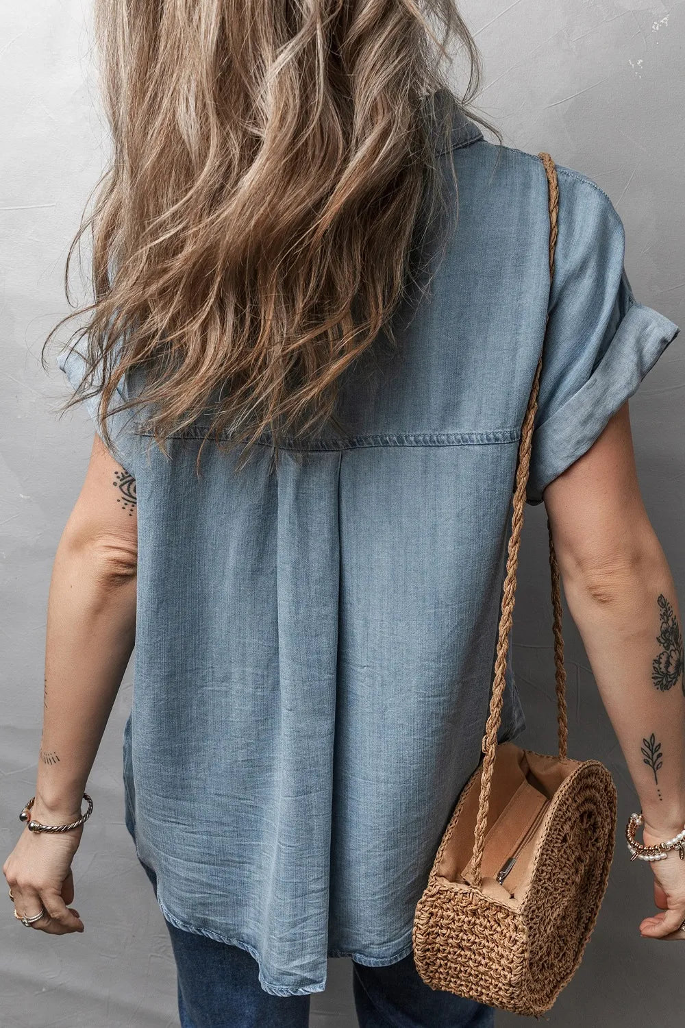Folded Short Sleeve Patched Pocket Denim Shirt 
