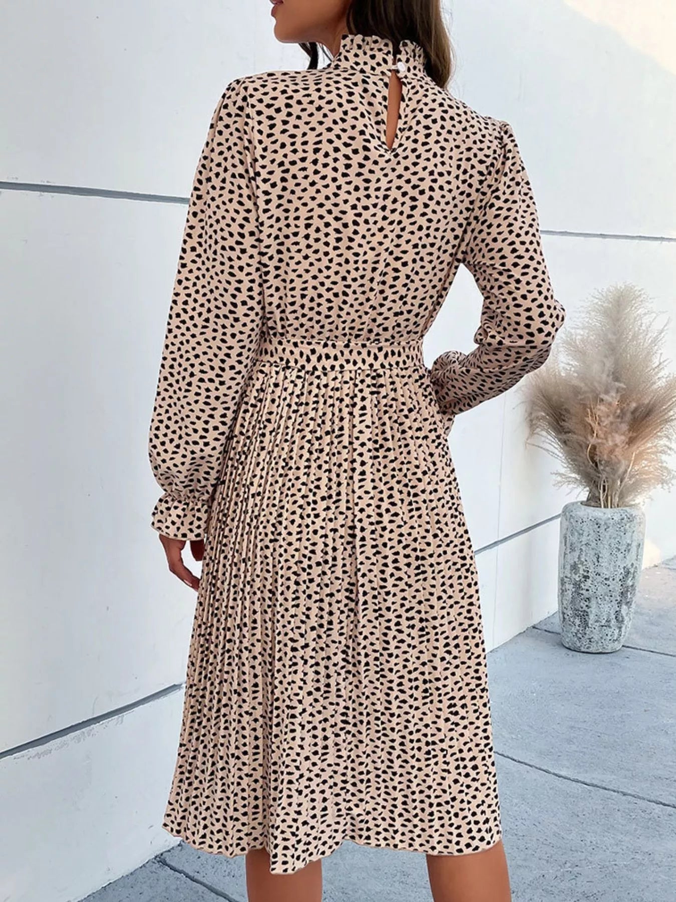 Animal Print Mock Neck Flounce Sleeve Dress 