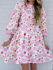 Floral Print Striped Trim Frilled Neck 3/4 Sleeve Flared Mini Dress 