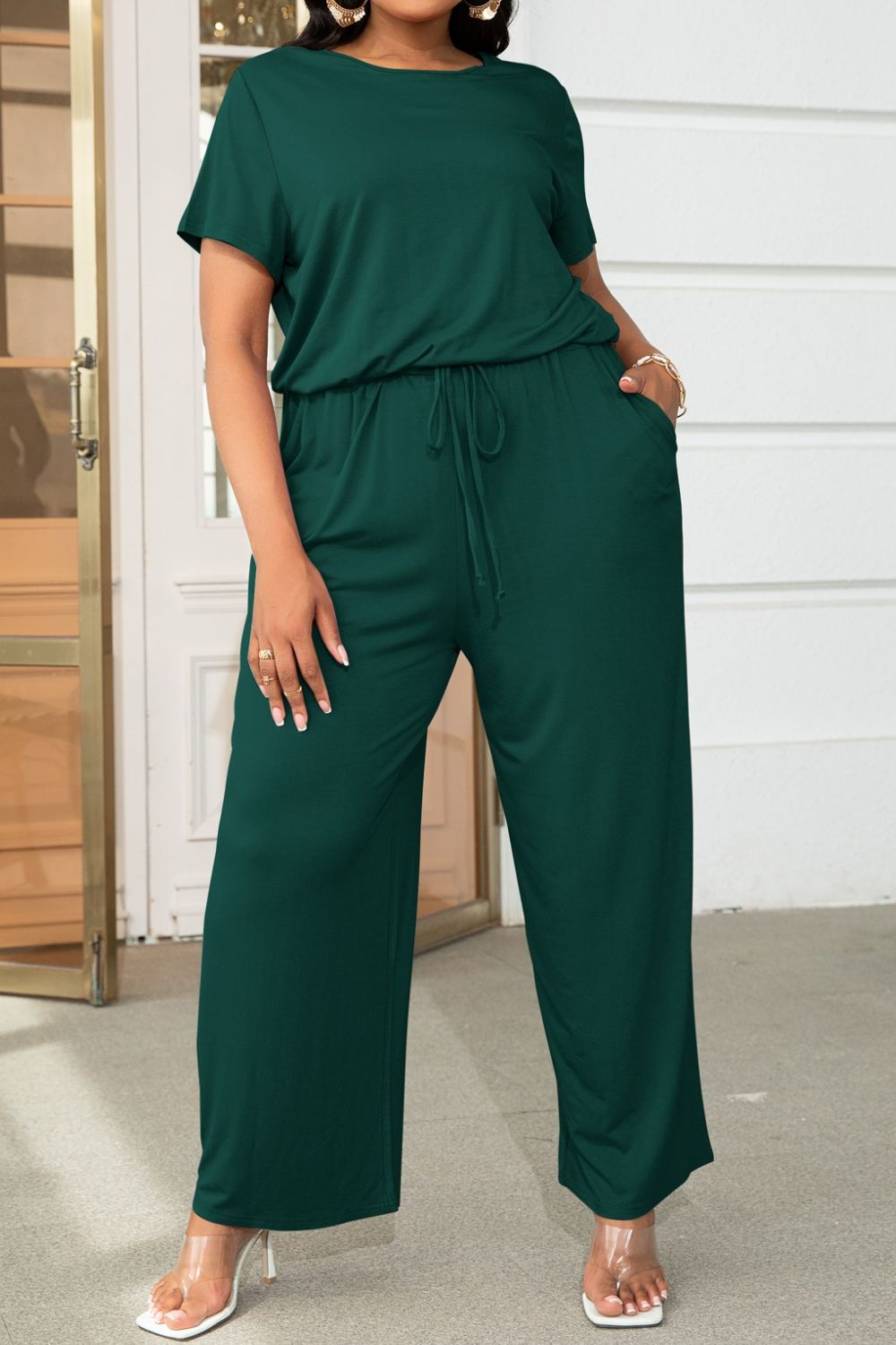Plus Size Drawstring Waist Short Sleeve Jumpsuit 