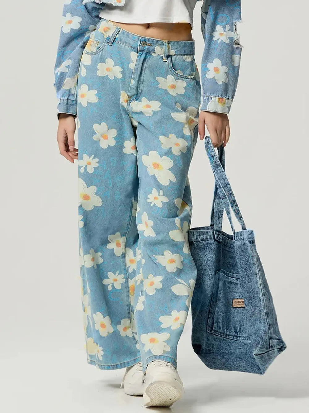 Pocketed Floral Wide Leg Jeans 