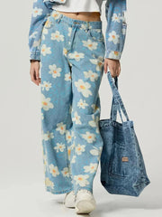 Pocketed Floral Wide Leg Jeans 