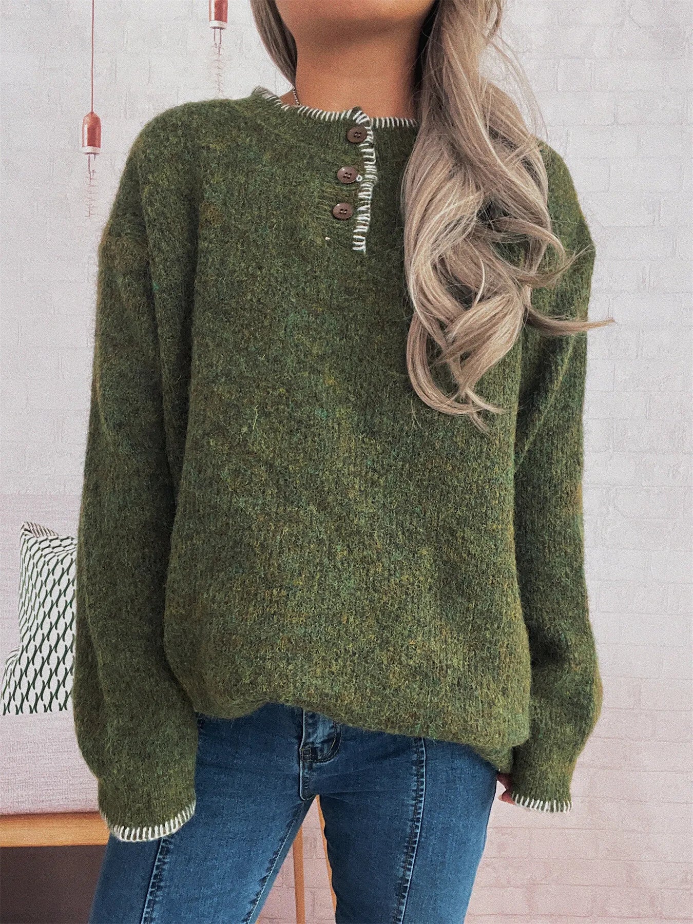 Ribbed Button Detail Long Sleeve Sweater 
